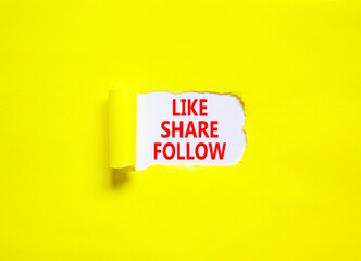 Like share follow symbol. Concept words Like Share Follow on beautiful white paper. Beautiful yellow table yellow background. Business like share follow concept. Copy space.