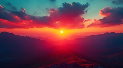 Dramatic sunset displays vibrant orange and deep red gradient with dark crimson clouds, creating majestic dusk horizon and ethereal evening glow in tranquil landscape composition.