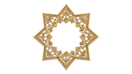 Ornate golden frame, intricate Islamic geometric pattern, star-shaped border, elegant decorative design with transparent background