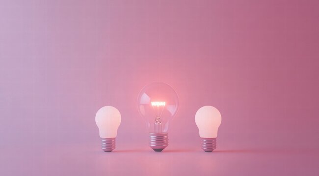A minimalist design featuring three light bulbs of different sizes, with one bulb glowing brightly 