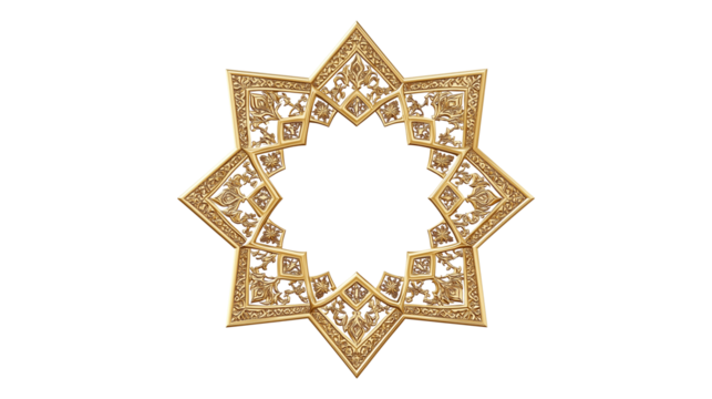 Ornate golden frame, intricate Islamic geometric pattern, star-shaped border, elegant decorative design with transparent background - Powered by Adobe