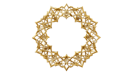 Ornate golden frame, intricate Islamic geometric pattern, star-shaped border, elegant decorative design with transparent background