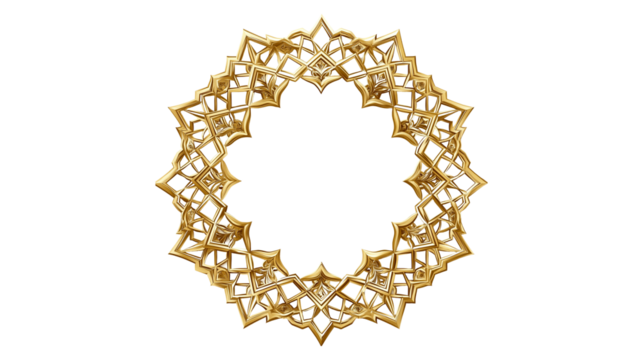 Ornate golden frame, intricate Islamic geometric pattern, star-shaped border, elegant decorative design with transparent background