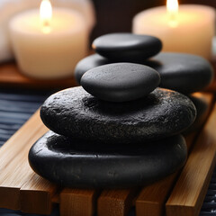 Calming spa experience with stacked stones and candles indoor serenity relaxation zen environment
