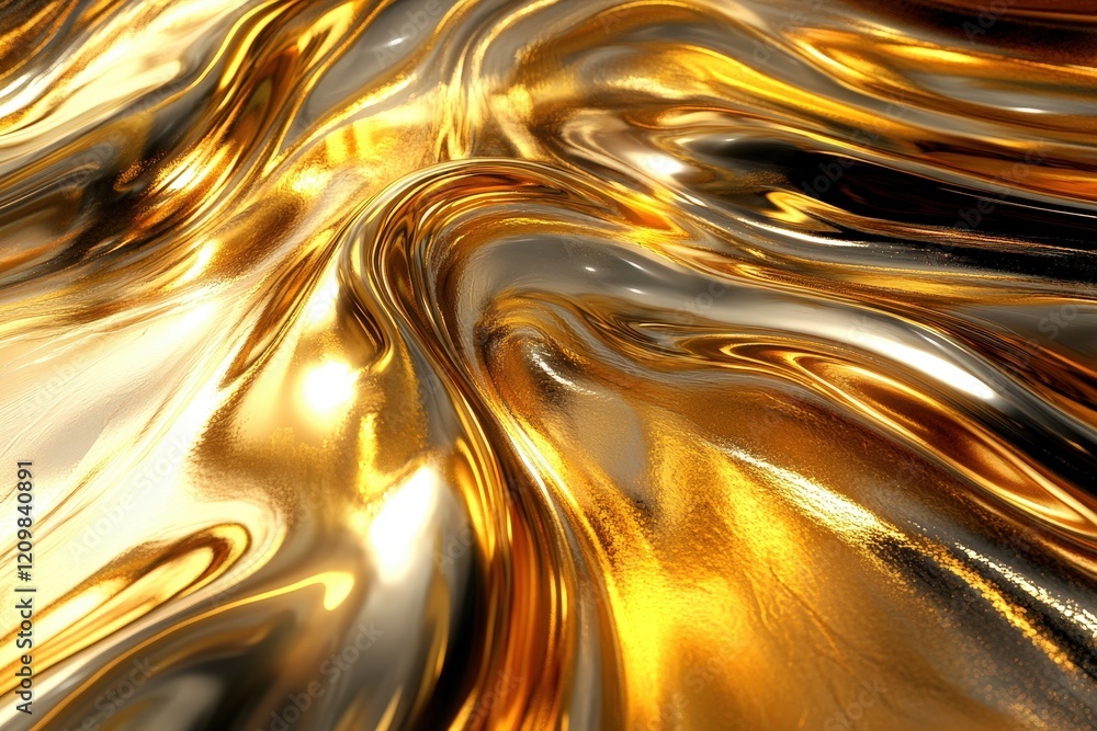 Poster glimmering gold liquid chrome texture with semi-realistic flowing patterns and shiny surface for art