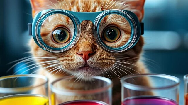 Professor Whiskers: A curious ginger cat, wearing oversized round glasses, gazes intently at a row of colorful liquids, evoking a playful sense of scientific inquiry.