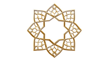 Ornate golden frame, intricate Islamic geometric pattern, star-shaped border, elegant decorative design with transparent background