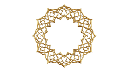 Ornate golden frame, intricate Islamic geometric pattern, star-shaped border, elegant decorative design with transparent background