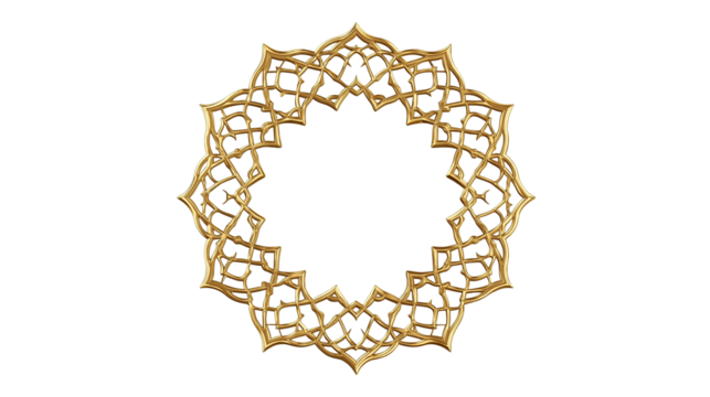 Ornate golden frame, intricate Islamic geometric pattern, star-shaped border, elegant decorative design with transparent background