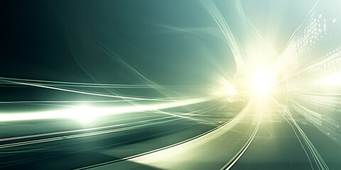 Abstract green light streaks converging to bright center.