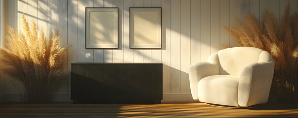 Sunny room, armchair, pampas, cabinet, frames