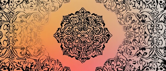 Traditional Thai motifs in black lines over a soft gradient geometric design, symmetrical and modern