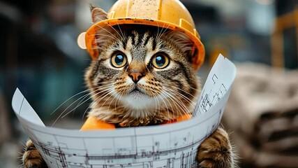 Construction Cat: A tabby cat wearing a hard hat and construction vest, looking intently at blueprints, a humorous and adorable image that captures the playful spirit of hard work. 