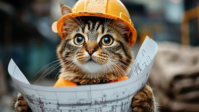 Construction Cat: A tabby cat wearing a hard hat and construction vest, looking intently at blueprints, a humorous and adorable image that captures the playful spirit of hard work. 