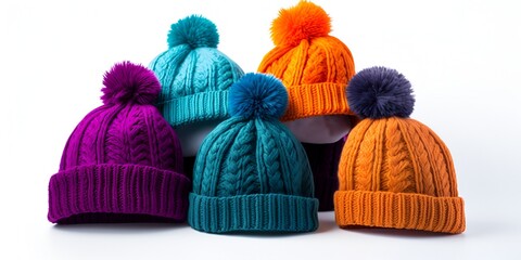 Vibrant knitted hats in various colors, arranged on a white background for hat design concepts. The collection includes a bright blue beanie with a fluffy pom-pom; 