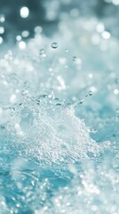 Mesmerizing macro shot of pure water droplets splashing against turquoise background, creating dynamic motion and sparkle effect with crystalline clarity and bokeh highlights.