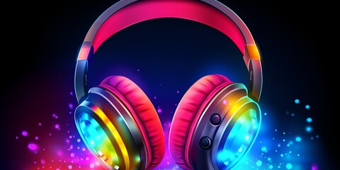 Vibrant rainbow-colored headphones with lights on the ear cups, against a white background, in a vector illustration style, 2D game art, cartoon style, simple design, high resolution, 