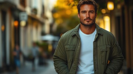 Obraz premium Handsome man strolling through a picturesque street during golden hour in a charming urban neighborhood