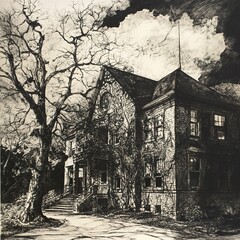 Obraz premium A Monochromatic Vision: An Old House's Enigmatic Charm