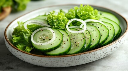 Fresh cucumber and lettuce salad garnished with onion rings on a decorative plate during a sunny afternoon in a kitchen setting