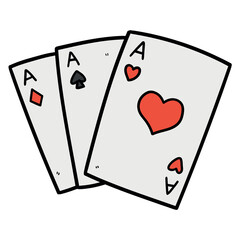 Hand drawn cartoon three playing cards aces on white background.