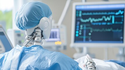 A futuristic robotic healthcare worker in blue scrubs monitors patient data on a high-tech screen in a medical environment.