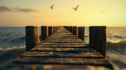 Fototapeta premium Serene Wooden Pier Extending Toward tranquil Ocean Under Soft Sunset Glow