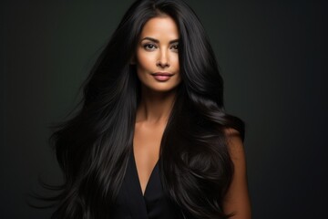 Fototapeta premium Middle aged multiracial woman with perfect long black shiny hair portrait fashion adult