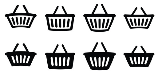 People are shopping, purchase. supermarket basket or cart. Shopping basket or containing bag. Buy and sale in supermarket, self service. Shopkeeper icon. Empty hand bag. Shopping baskets logo.