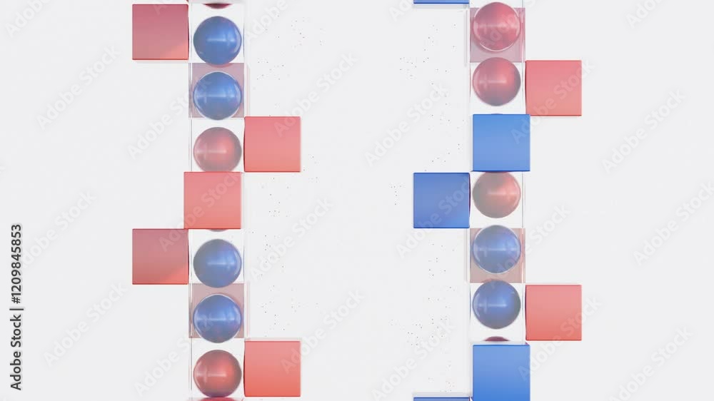 Poster dynamic 3d abstract animation – floating cubes and moving spheres in elegant blue, white, and red, s