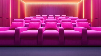 Fototapeta premium Luxury cruises on comfortable ships Vibrant pink cinema seating in a stylish theater interior.