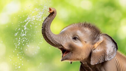 Playful Baby Elephant Splashing Water with Trunk, Adorable Wildlife Close-Up in Lush Green Background, Joyful and Cute Baby Elephant Moment Captured in Nature.