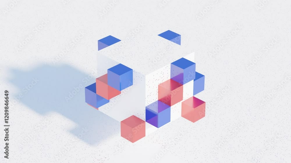 Poster dynamic 3d animation featuring red and blue cubes in modern geometric arrangements on a white backgr
