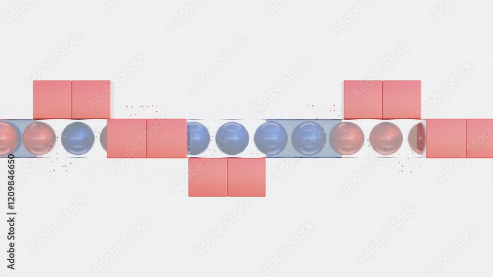 Poster geometric 3d motion loop – rotating cubes and rolling spheres in red, white, and blue, abstract mini