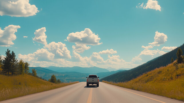 White truck driving on open highway through scenic mountain landscape under blue sky, car, roud