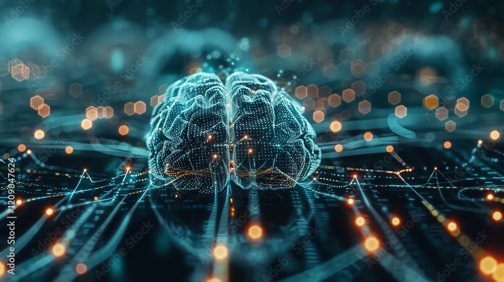 Poster a digital representation of a brain with lines of data streaming from it.