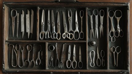 Collection of antique silver surgical instruments in a wooden box showcasing historical tools