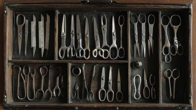 Collection of antique silver surgical instruments in a wooden box showcasing historical tools