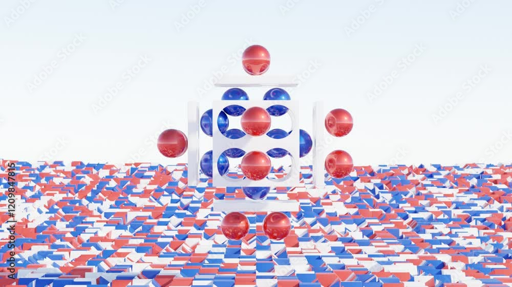 Poster modern 3d abstract background – floating plates and rolling balls in blue, white, and red, minimal s