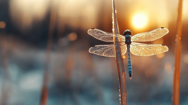 A dragonfly perched on a blade of grass, illuminated by a warm sunset, showcasing intricate wings against a soft, blurred background.