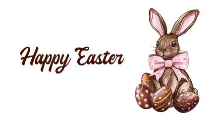 Happy Easter. Watercolor banner with chocolate sweet rabbit and Easter eggs. Easter sweets. Easter symbol. Easter illustration.