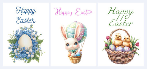Set of Easter greeting cards. Rabbit on a balloon, Easter egg with flowers and goslings. Cute Easter cards. Vector illustration. Cartoon Easter greeting cards.