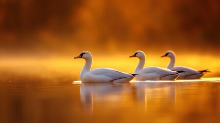 Three elegant swans glide across a tranquil lake, surrounded by a warm, golden mist that enhances the serene atmosphere.