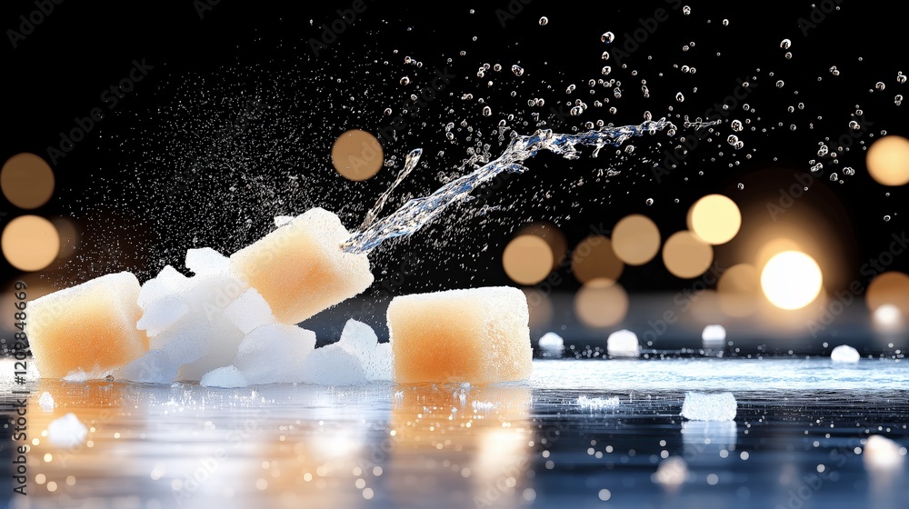 Poster Splashing Water Over Cubes of Sugar Creating Beautiful Bokeh Background with Soft Light Effects
