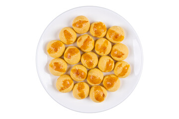 Nastar cake on white round serving plate isolated transparent