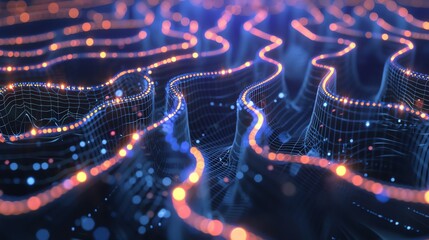 An abstract digital background with glowing lines and dots.