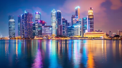 Fototapeta premium A colorful cityscape at night with lights reflecting in the water.