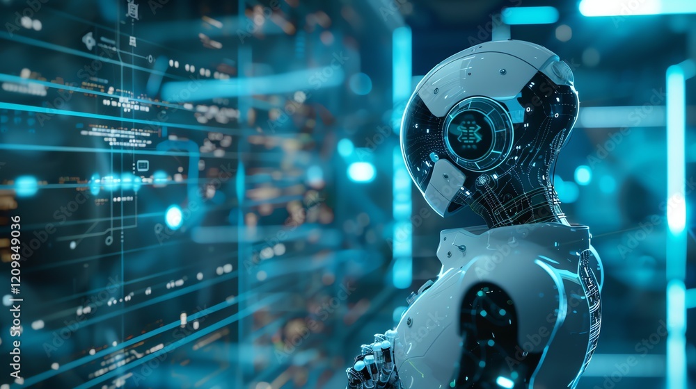 Poster a futuristic robot interacts with a screen displaying colorful data and graphs.