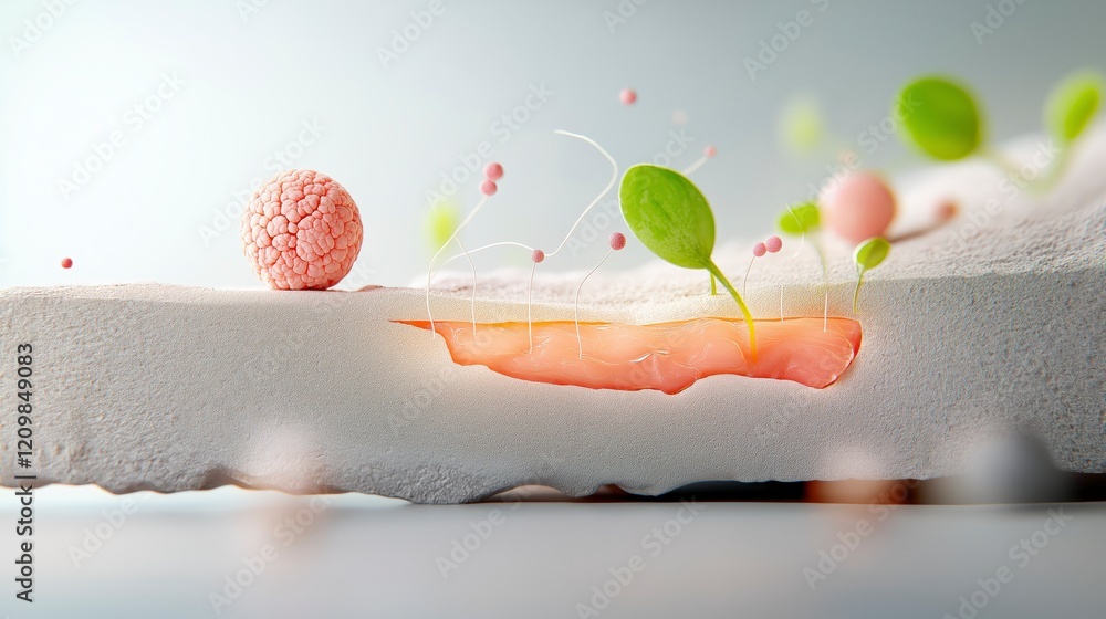 Poster abstract representation of cellular structures with growth elements on a smooth textured background