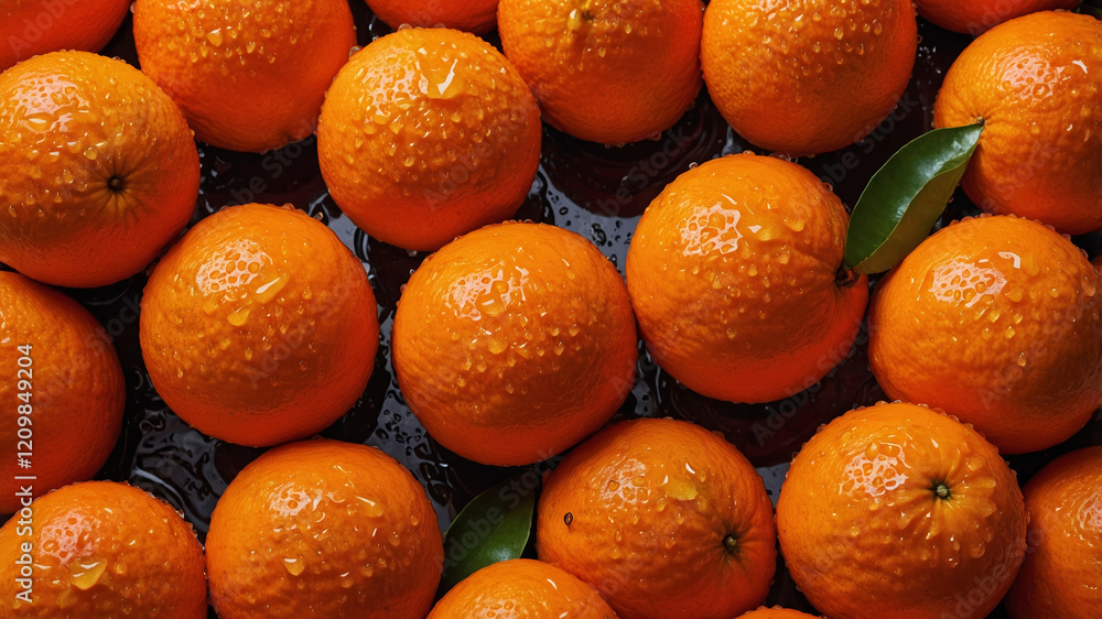 Poster fresh and vibrant oranges piled together with water droplets in a rustic setting